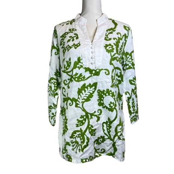 Kenar Tops - Kenar 100% Linen Women's Tunic White with Green Tropical Floral Print Size 10